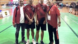 Kiri-kanan: Anggota DPRD Kabupaten Kampar Eko Sutrisno Fraksi Nasdem, Fitra Ramadhan, Harianto Pebrian, Darwis pada ajang Special Olympics Asia Pacific Badminton Competition 2025 Malaysia 17-20 September 2025.