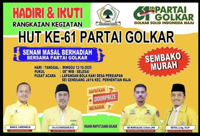 
					Golkar Kampar Ajak Warga Meriahkan Senam Massal dan Pasar Murah HUT ke-61 di Perhentian Raja