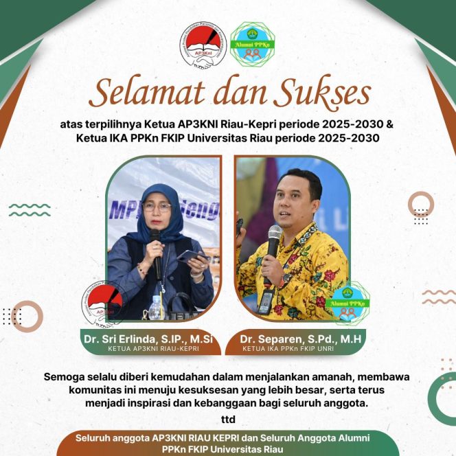 
					Sri Erlinda Terpilih Ketua AP3KNI, Separen Pimpin IKA PPKn FKIP UNRI