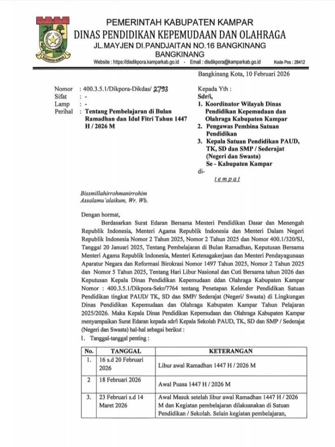 
					Disdikpora Kampar Atur Jam Sekolah Selama Ramadhan 1447 H, SD dan SMP Masuk Pukul 08.00 WIB